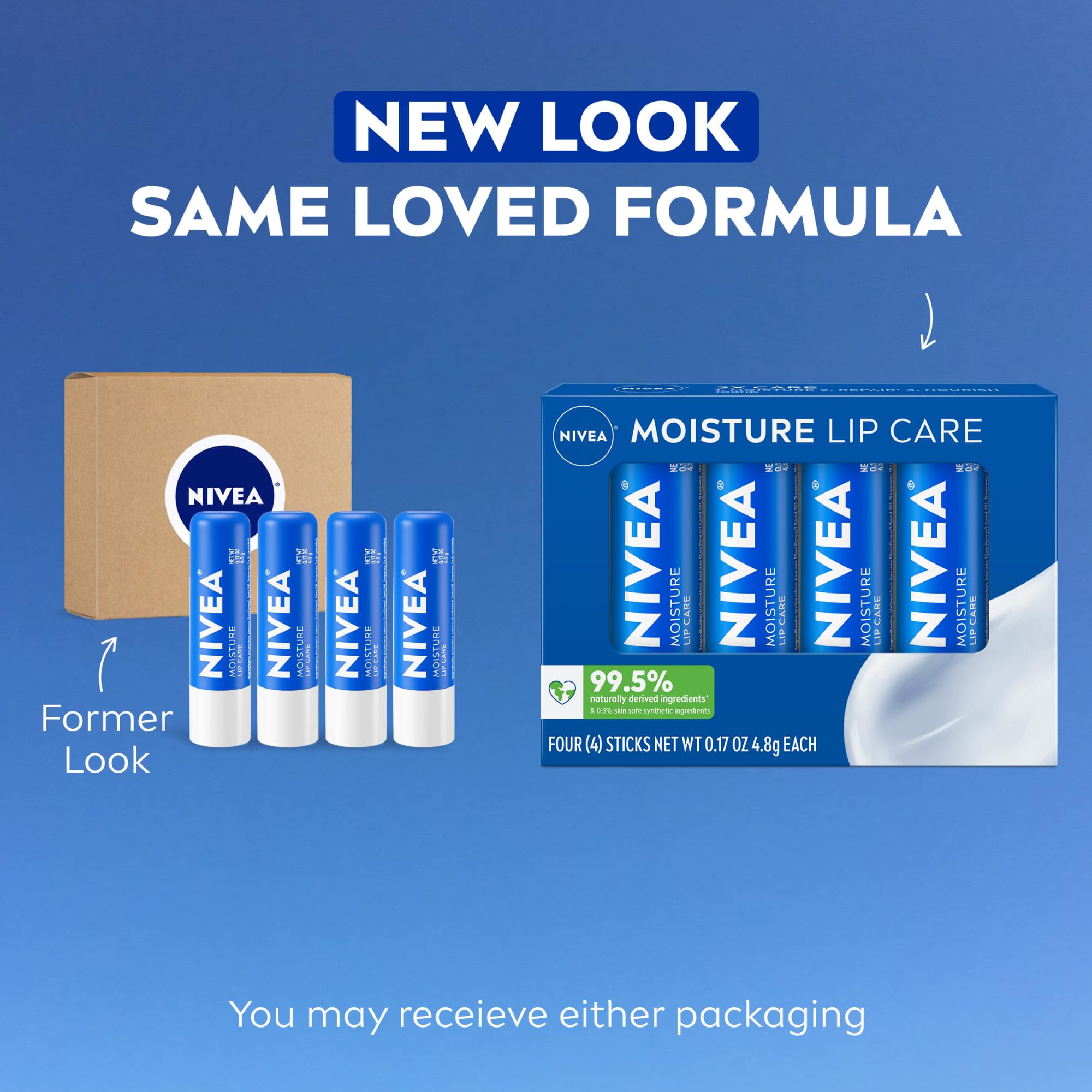 Four sticks of Nivea Moisture Lip Care displayed