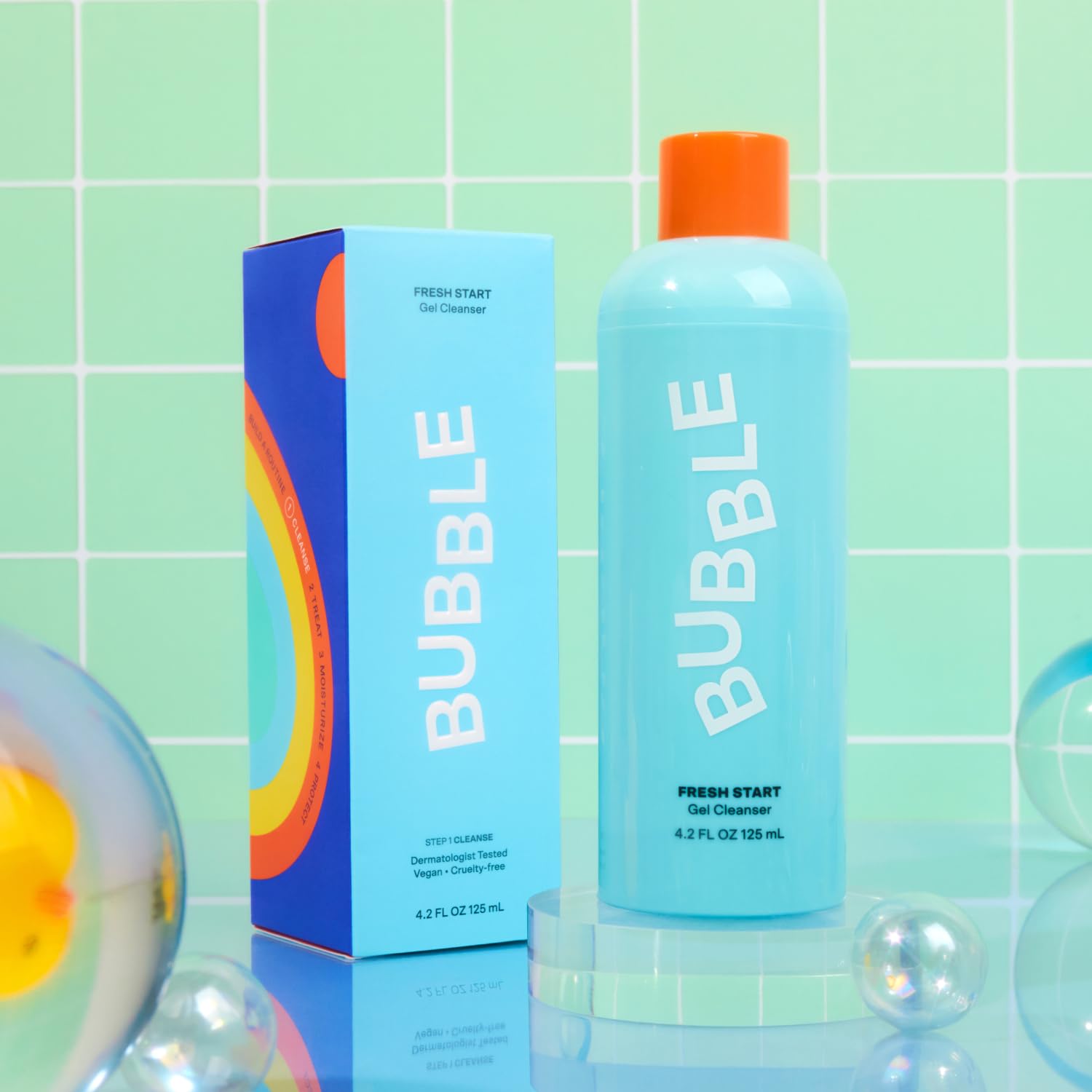 Authentic Bubble Skincare exfoliating gel cleanser bottle showing ingredient details