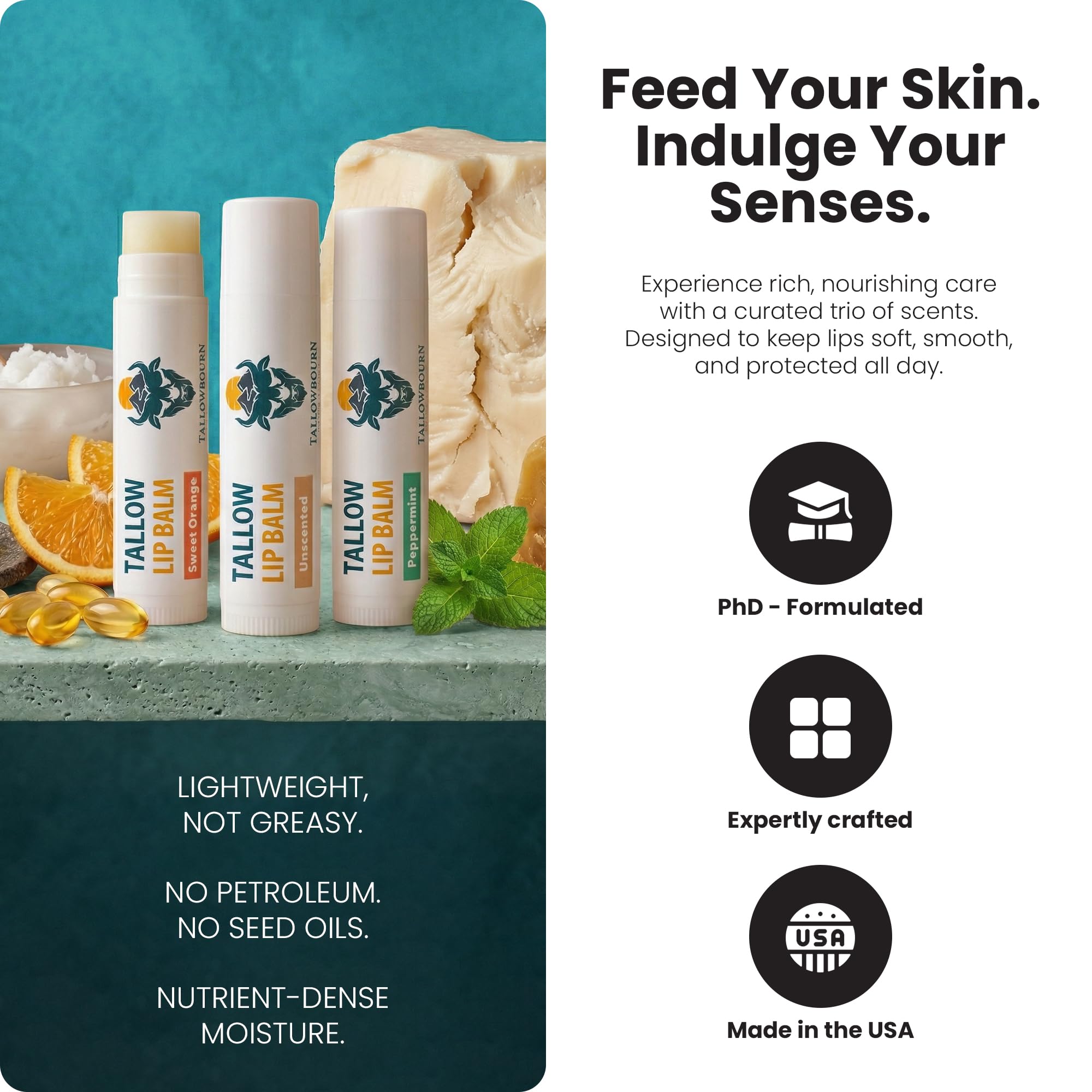 Three tubes of Tallowbourn grass-fed beef tallow lip balm