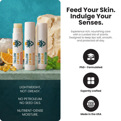 Three tubes of Tallowbourn grass-fed beef tallow lip balm