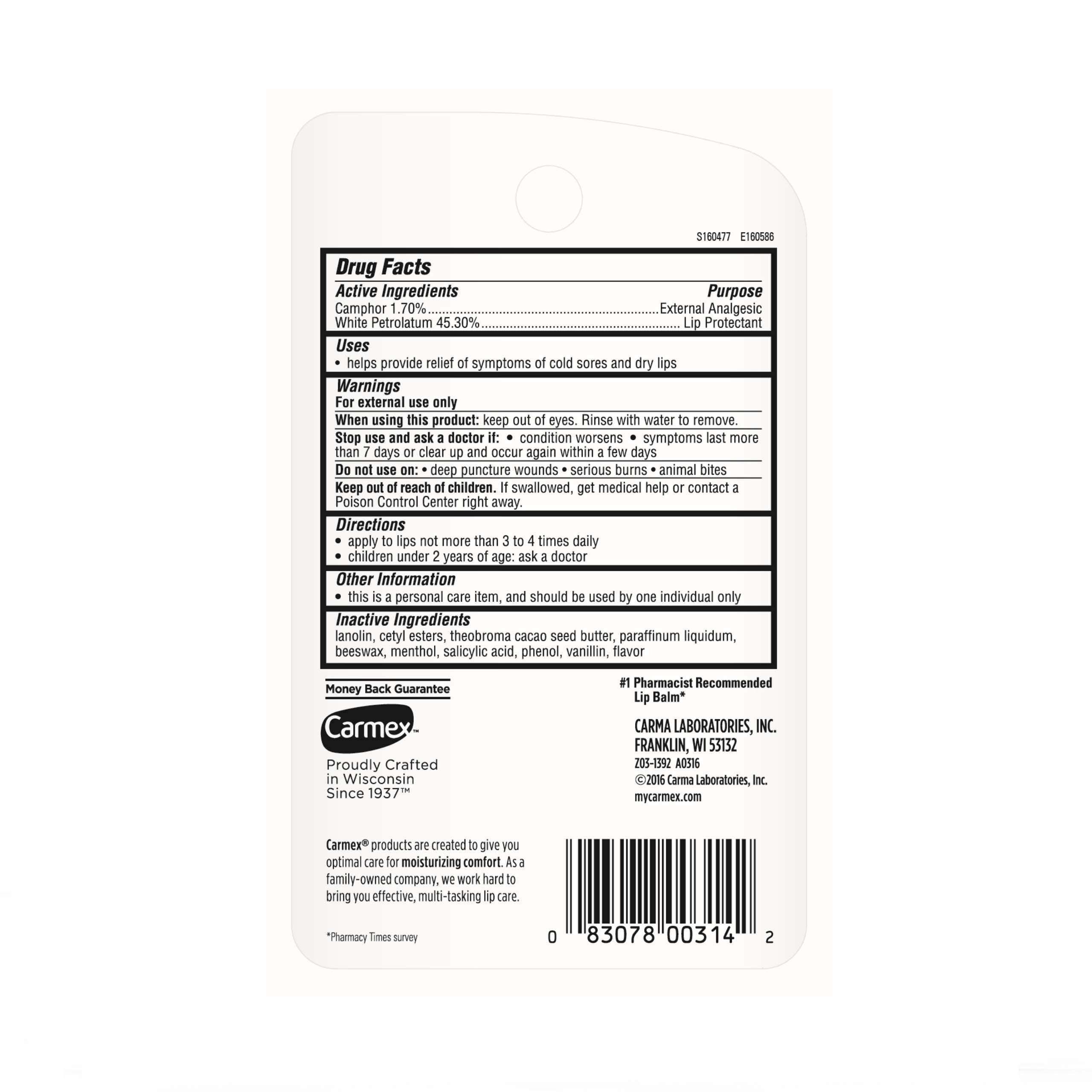 Close up of Carmex 0.35 Ounce moisturizing lip balm tube
