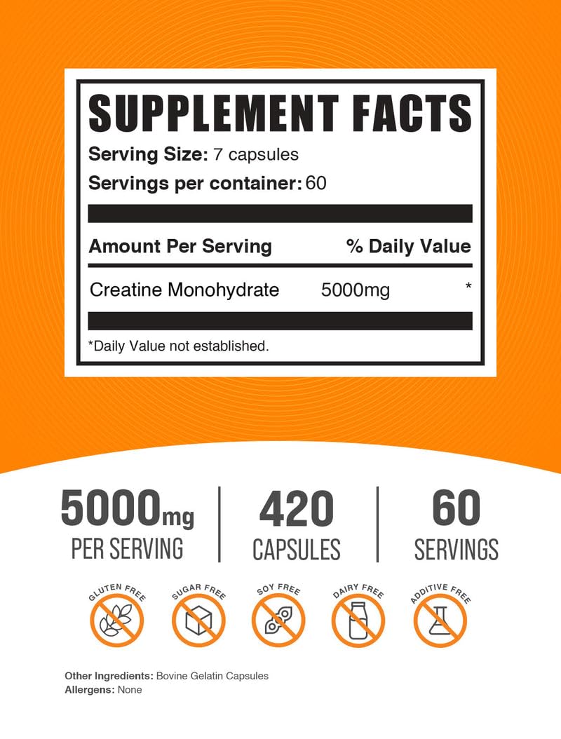 BulkSupplements 5000mg creatine capsules label nutrition facts