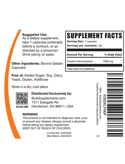 BulkSupplements Creatine Monohydrate 5000mg capsules daily serving