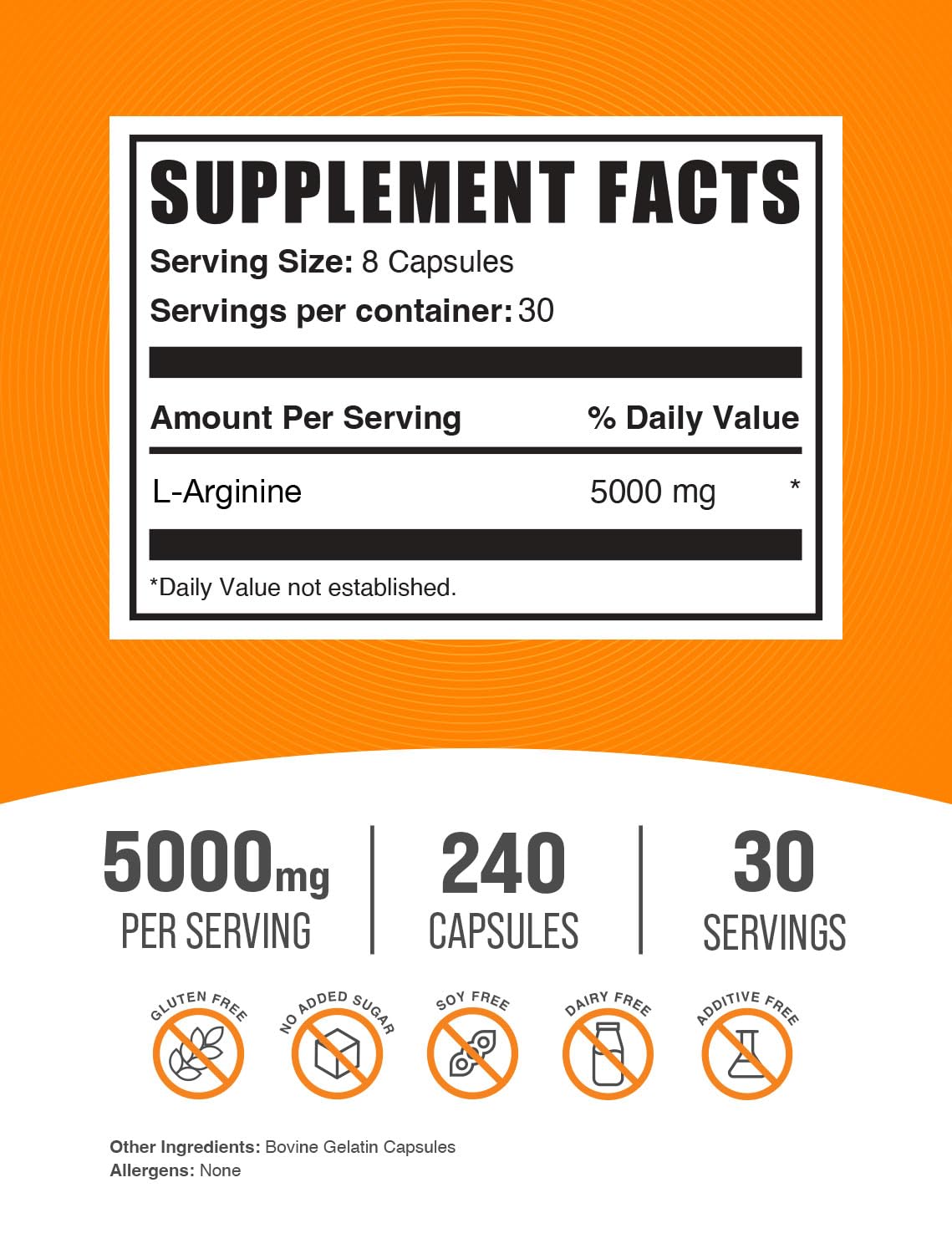 BulkSupplements L Arginine 240 Capsules supplement facts label showing amino acid dosage