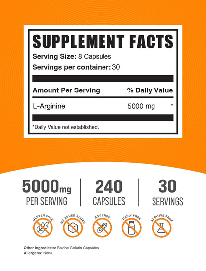 BulkSupplements L Arginine 240 Capsules supplement facts label showing amino acid dosage