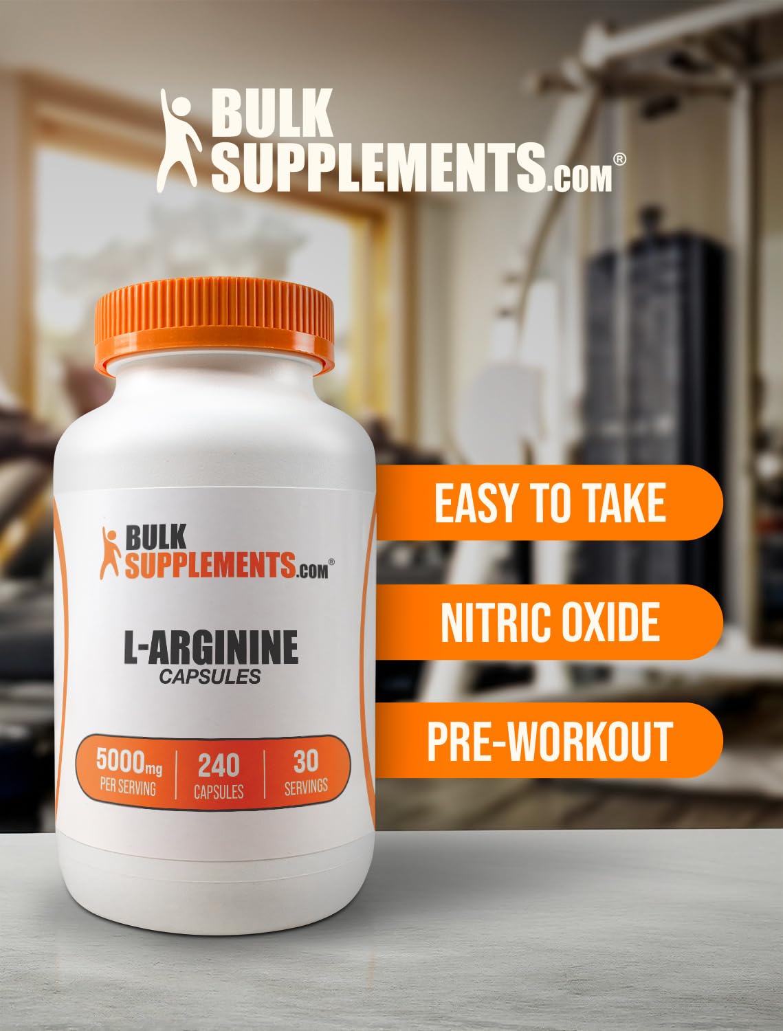 BulkSupplements L Arginine pre workout nitric oxide formula instructions and bottle side view