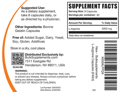 BulkSupplements L Arginine premium authentic USA imported dietary supplement container layout