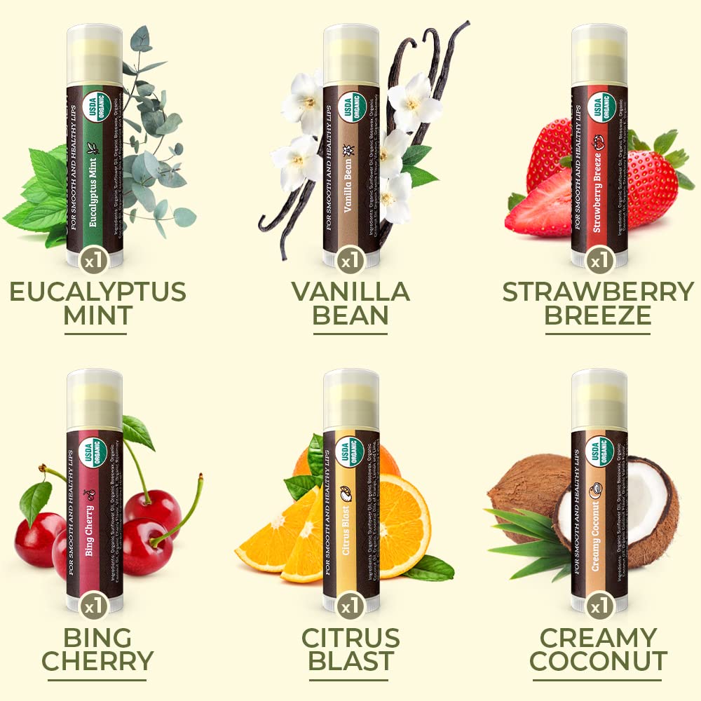 Earth's Daughter organic lip balm tubes showing assortment of flavors