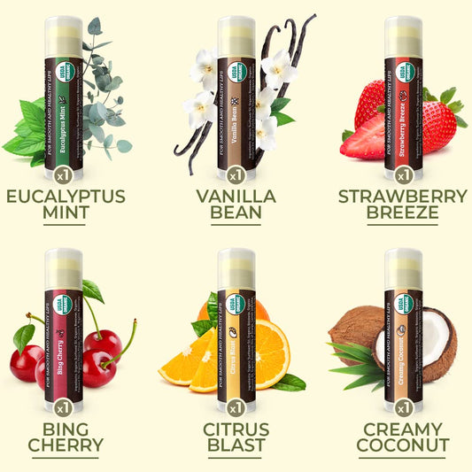Earth's Daughter organic lip balm tubes showing assortment of flavors