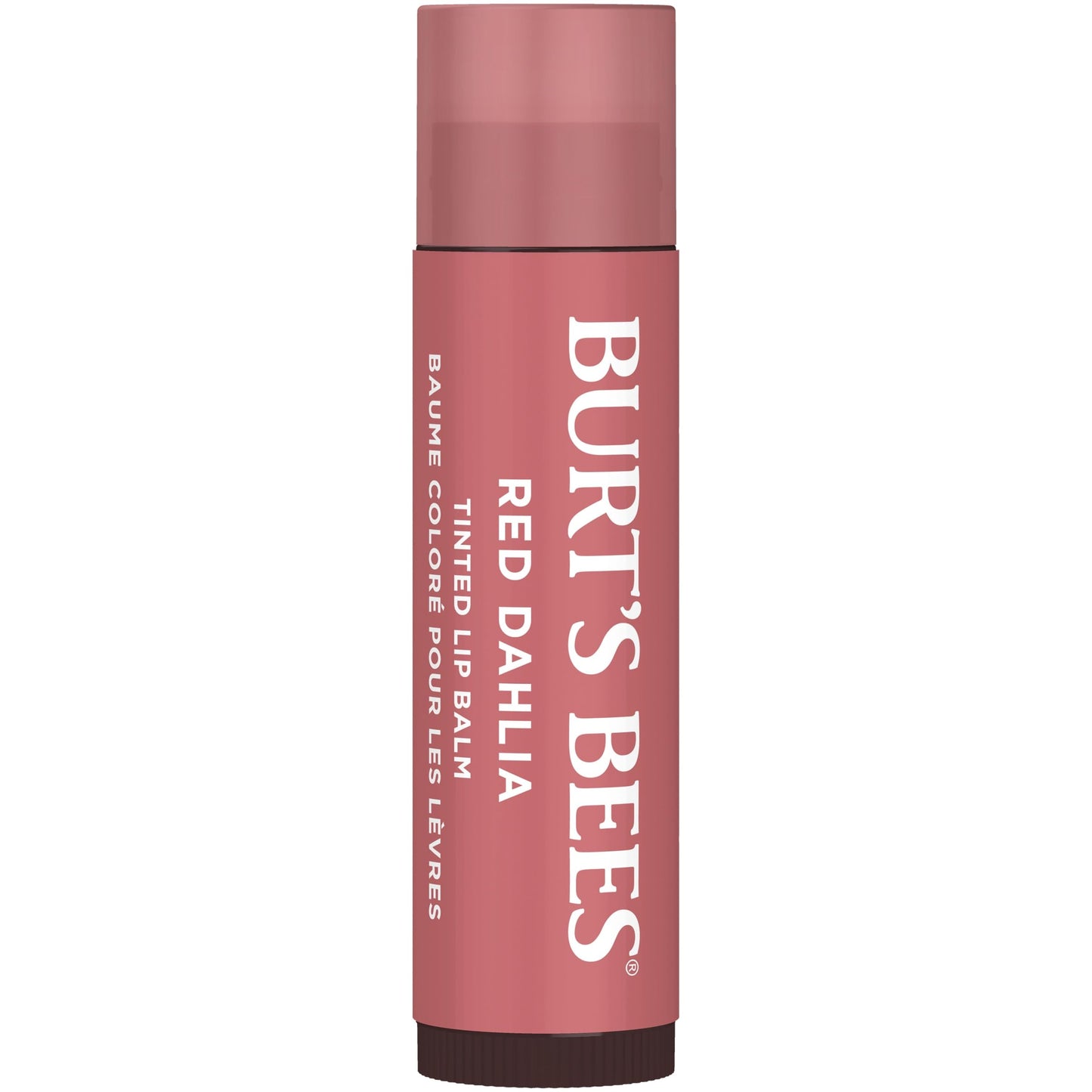 Burt's Bees Red Dahlia tinted lip care tube uncapped demonstrating the buildable deep red color shade.