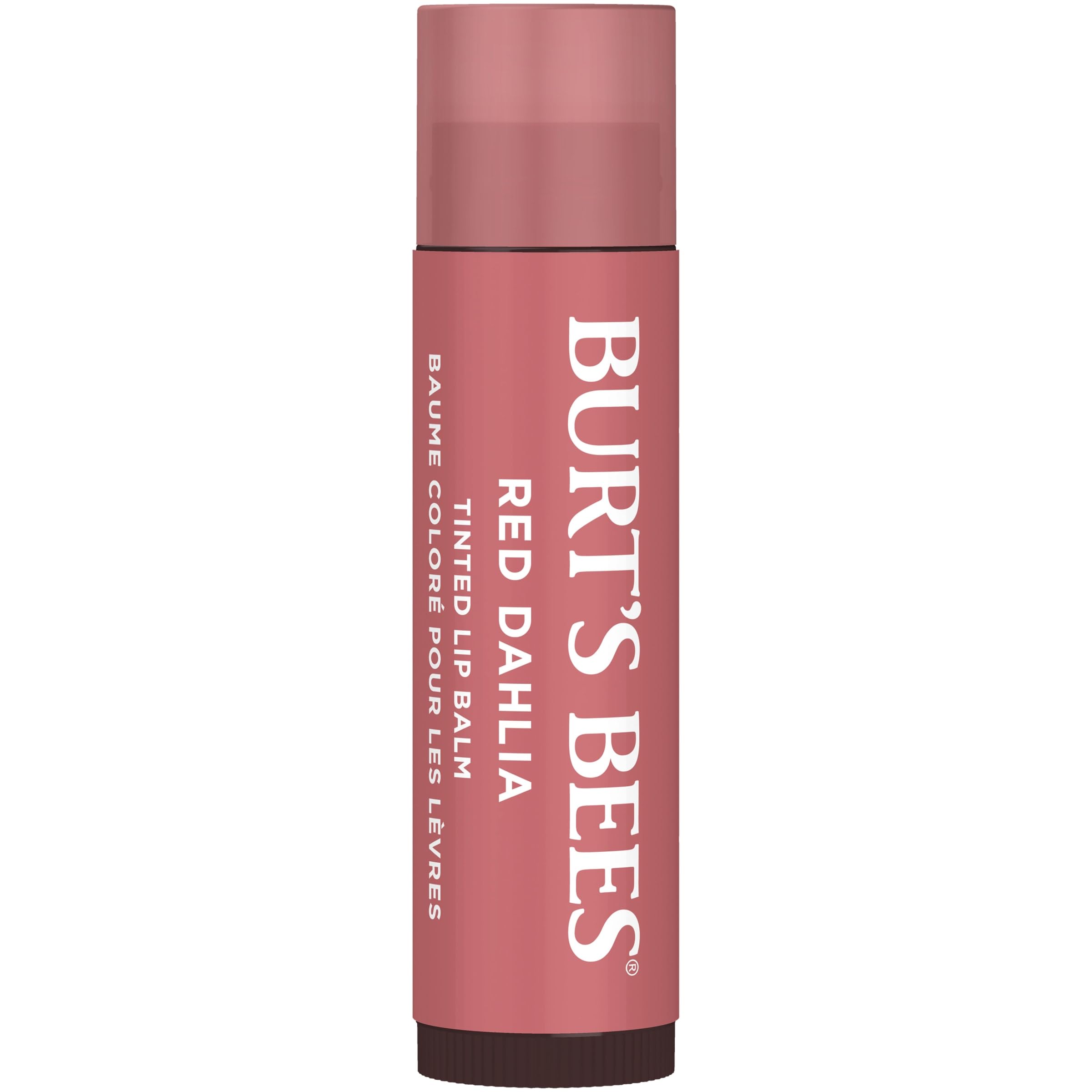Burt's Bees Red Dahlia tinted lip care tube uncapped demonstrating the buildable deep red color shade.