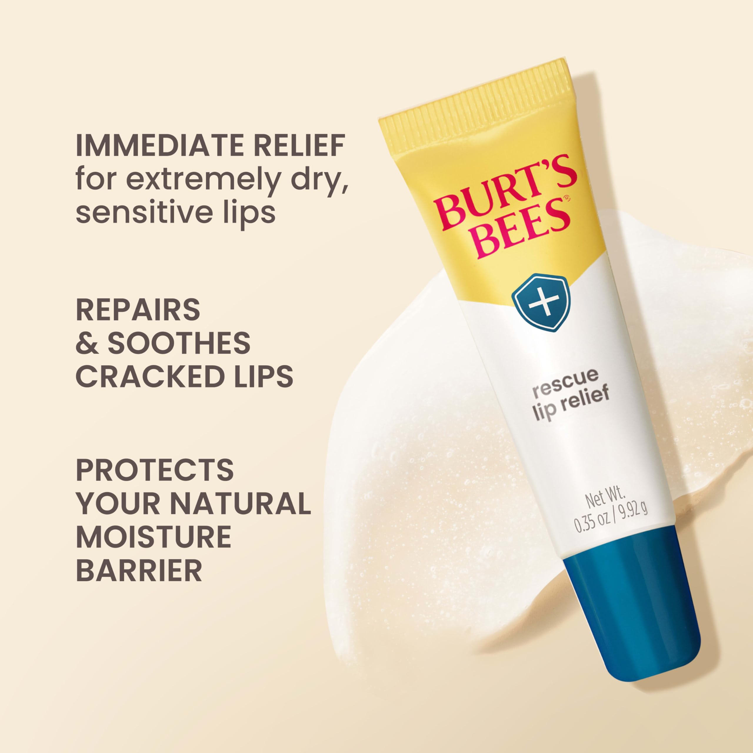 Burt's Bees lip balm packaging displaying 100 percent natural origin label and ingredients list for dry cracked lips.