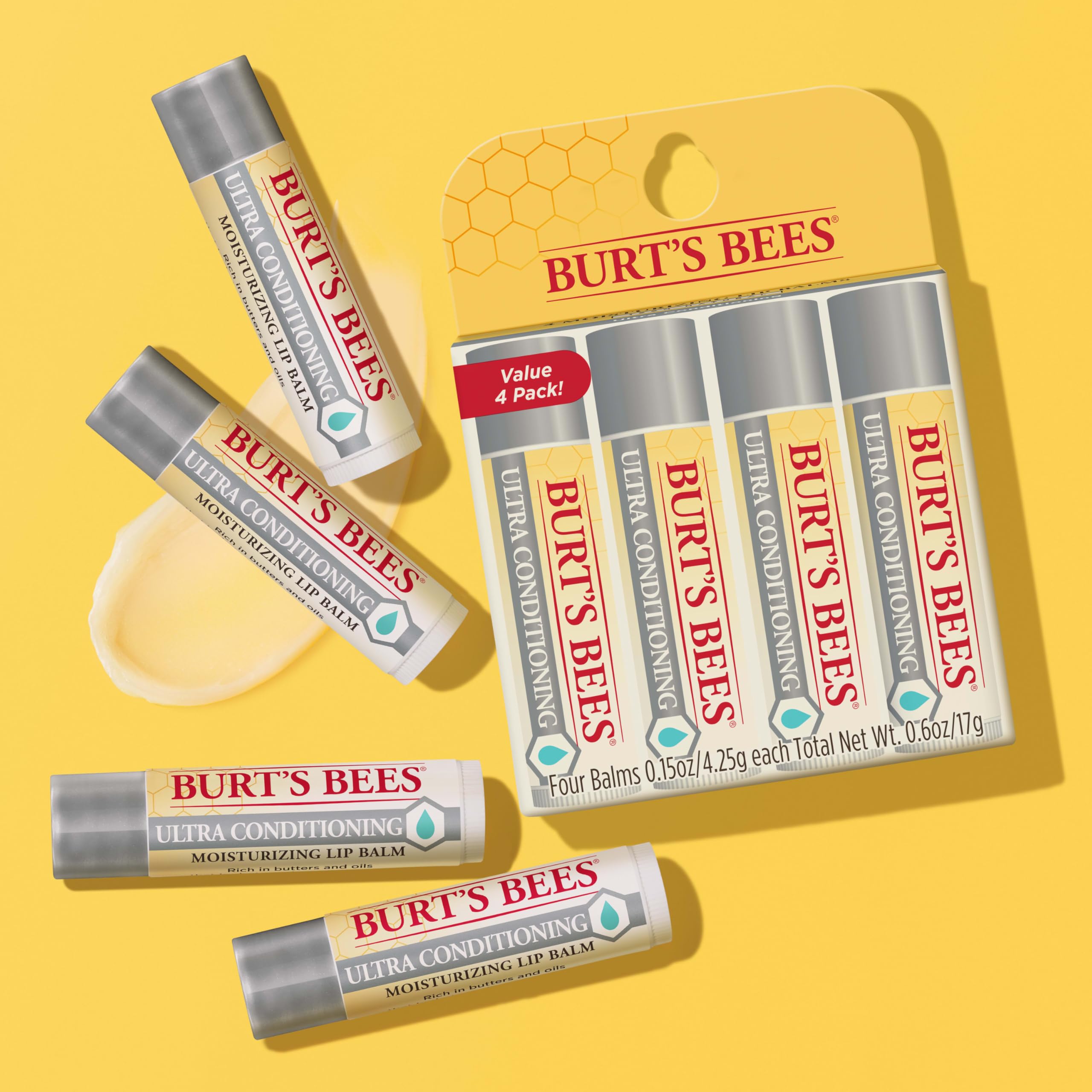 Back label of the Burt's Bees moisturizing lip balm pack detailing the natural origin composition.