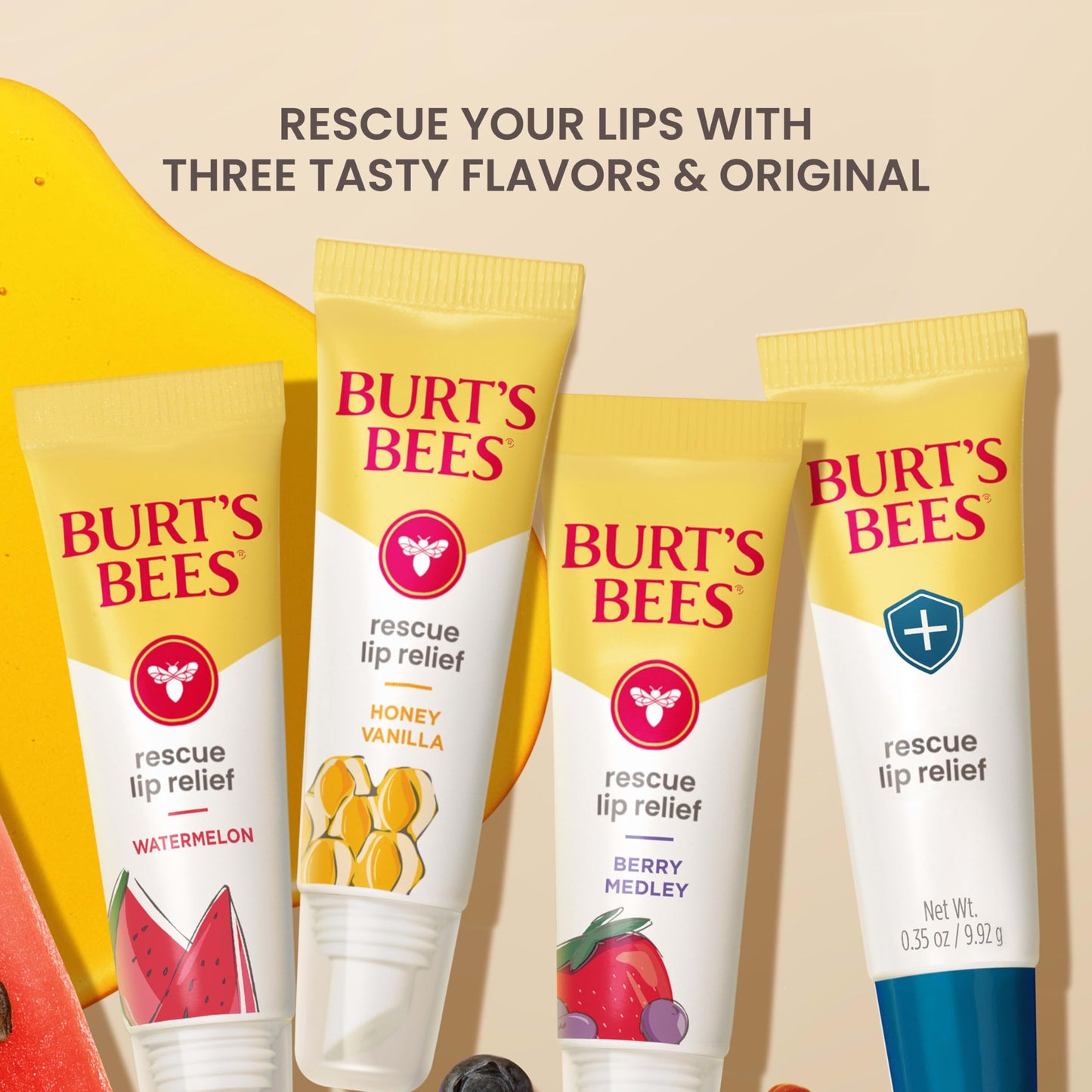 Side profile of Burt's Bees rescue lip relief tube showing the compact size perfect for travel and daily carry.