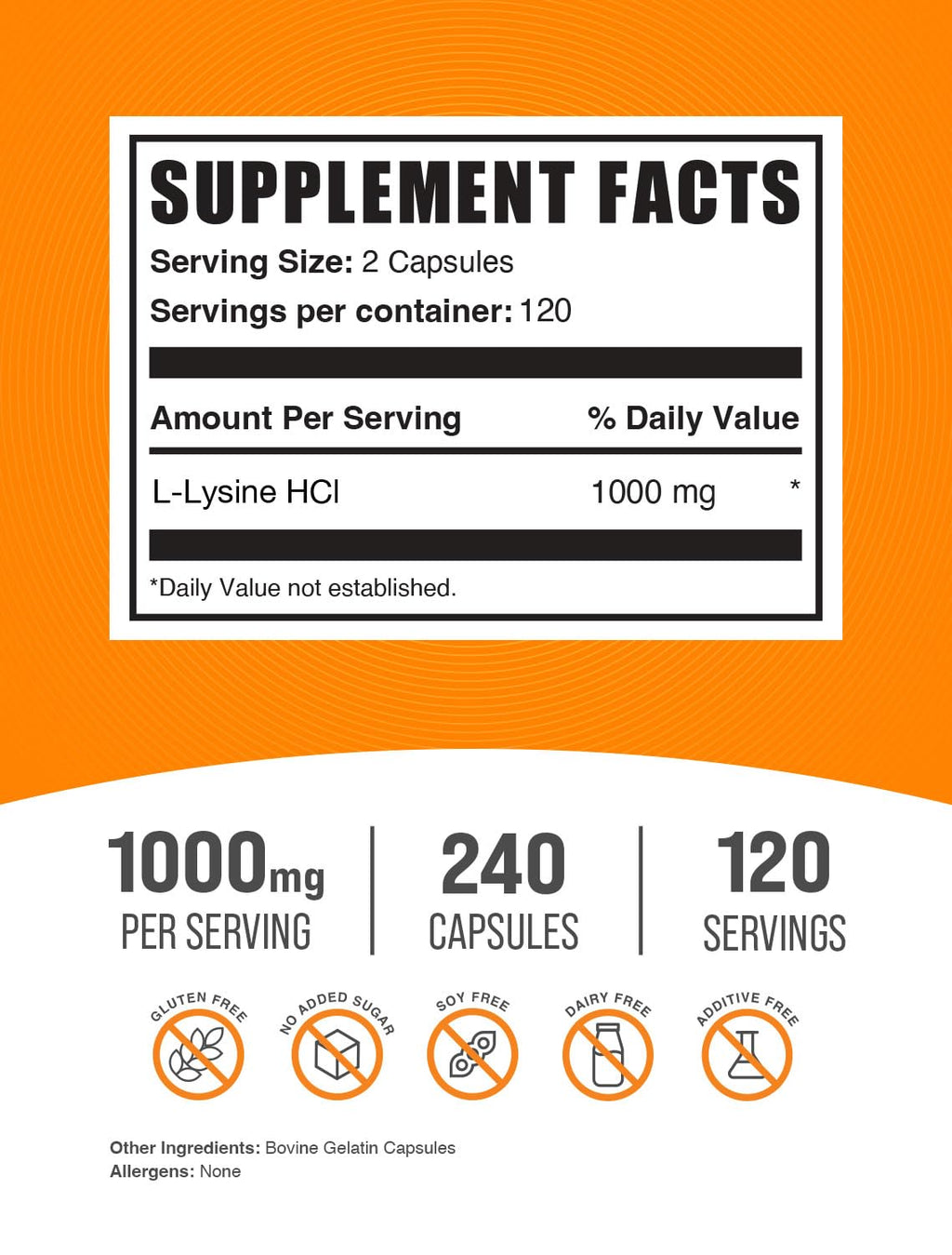 BulkSupplements L-Lysine supplement bottle side view highlighting dietary facts and ingredients
