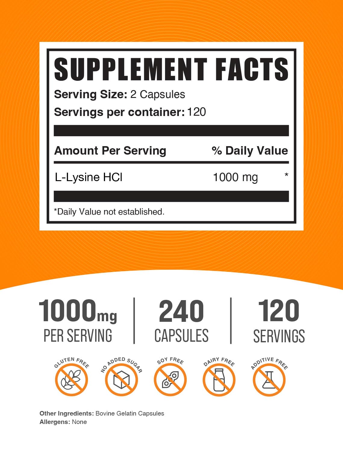 BulkSupplements L-Lysine supplement bottle side view highlighting dietary facts and ingredients