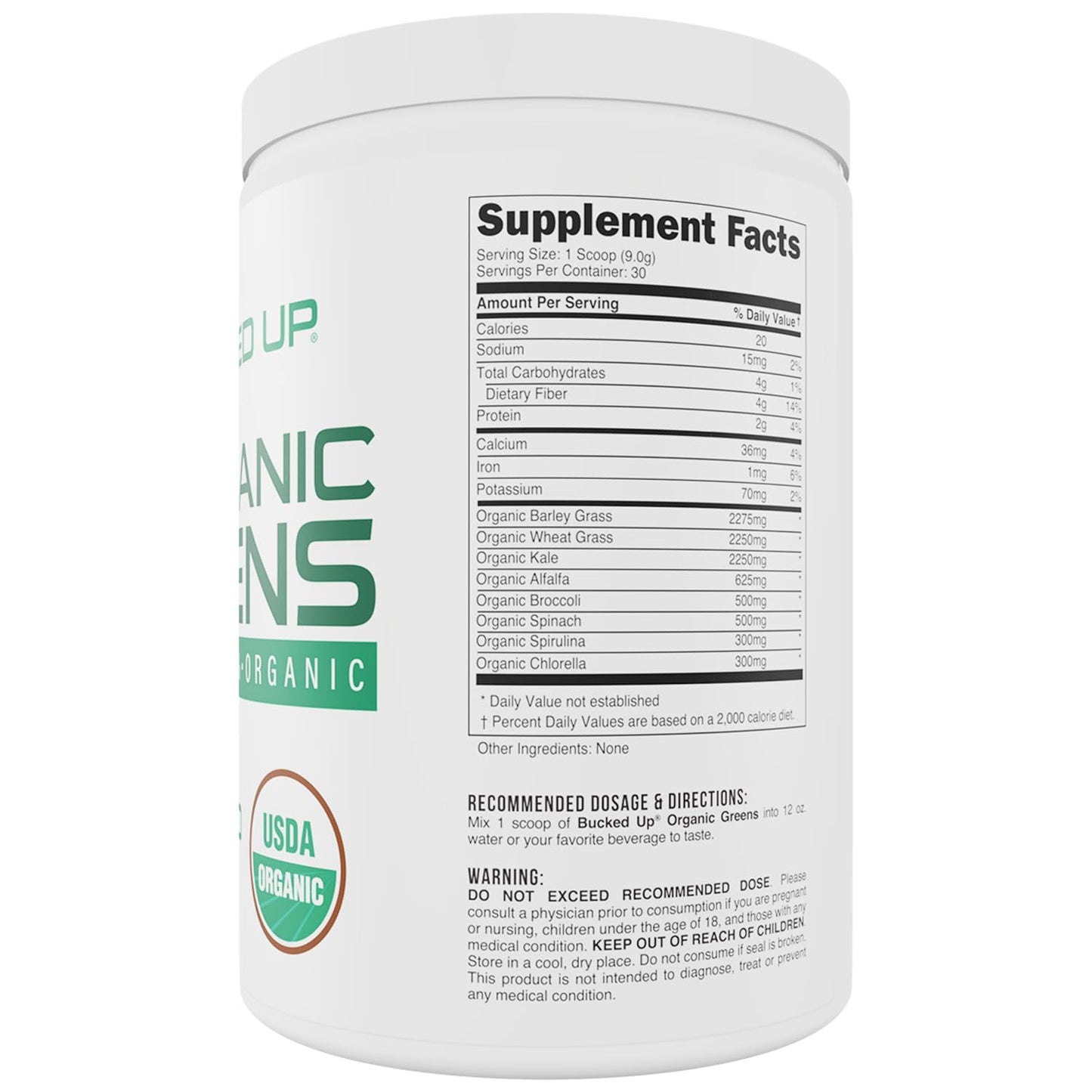 Bucked Up Organic Greens unflavored 270g container side profile