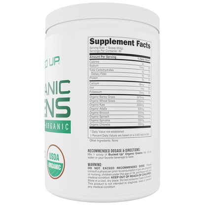 Bucked Up Organic Greens unflavored 270g container side profile