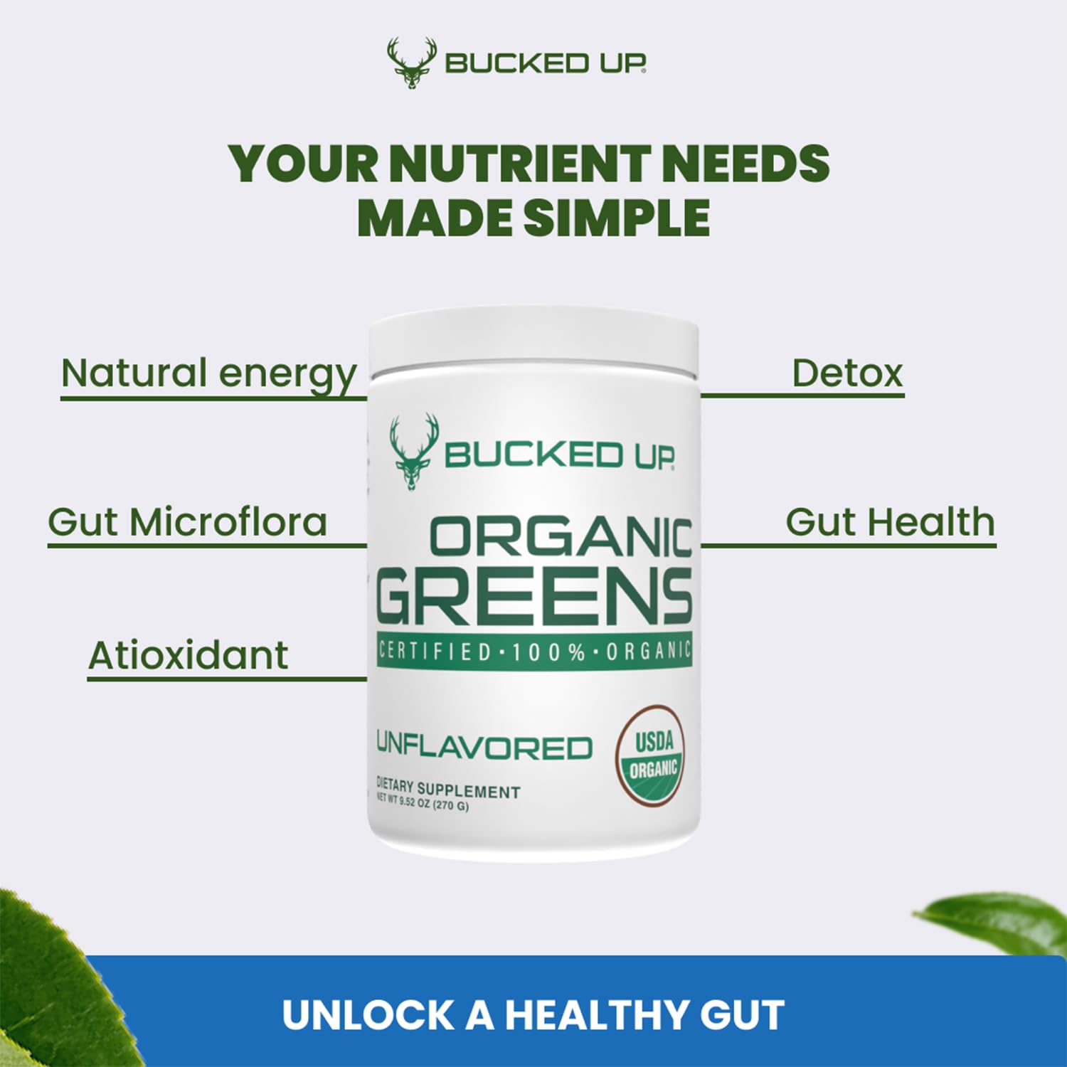 Bucked Up Organic Greens mixed into a glass of water