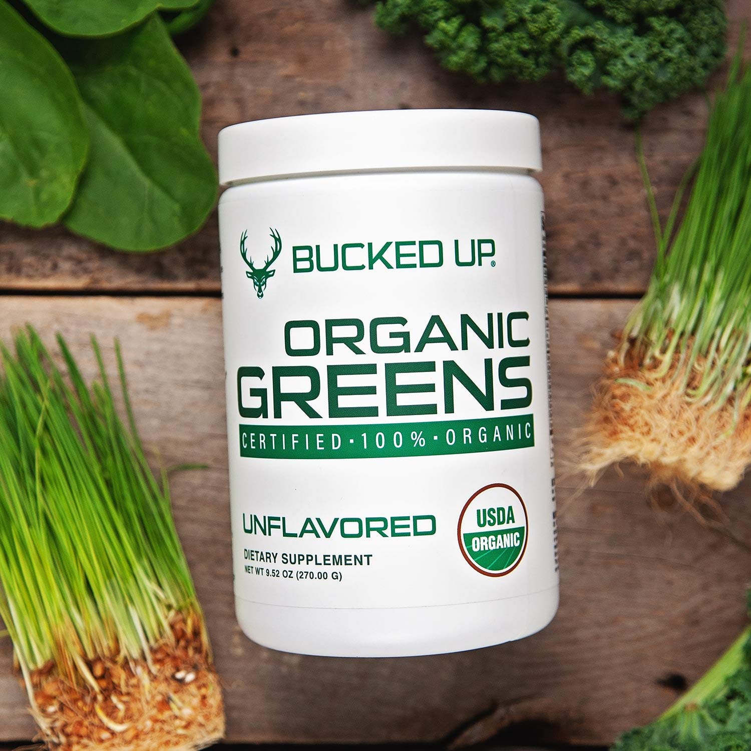 USDA Organic certification seal on Bucked Up greens tub