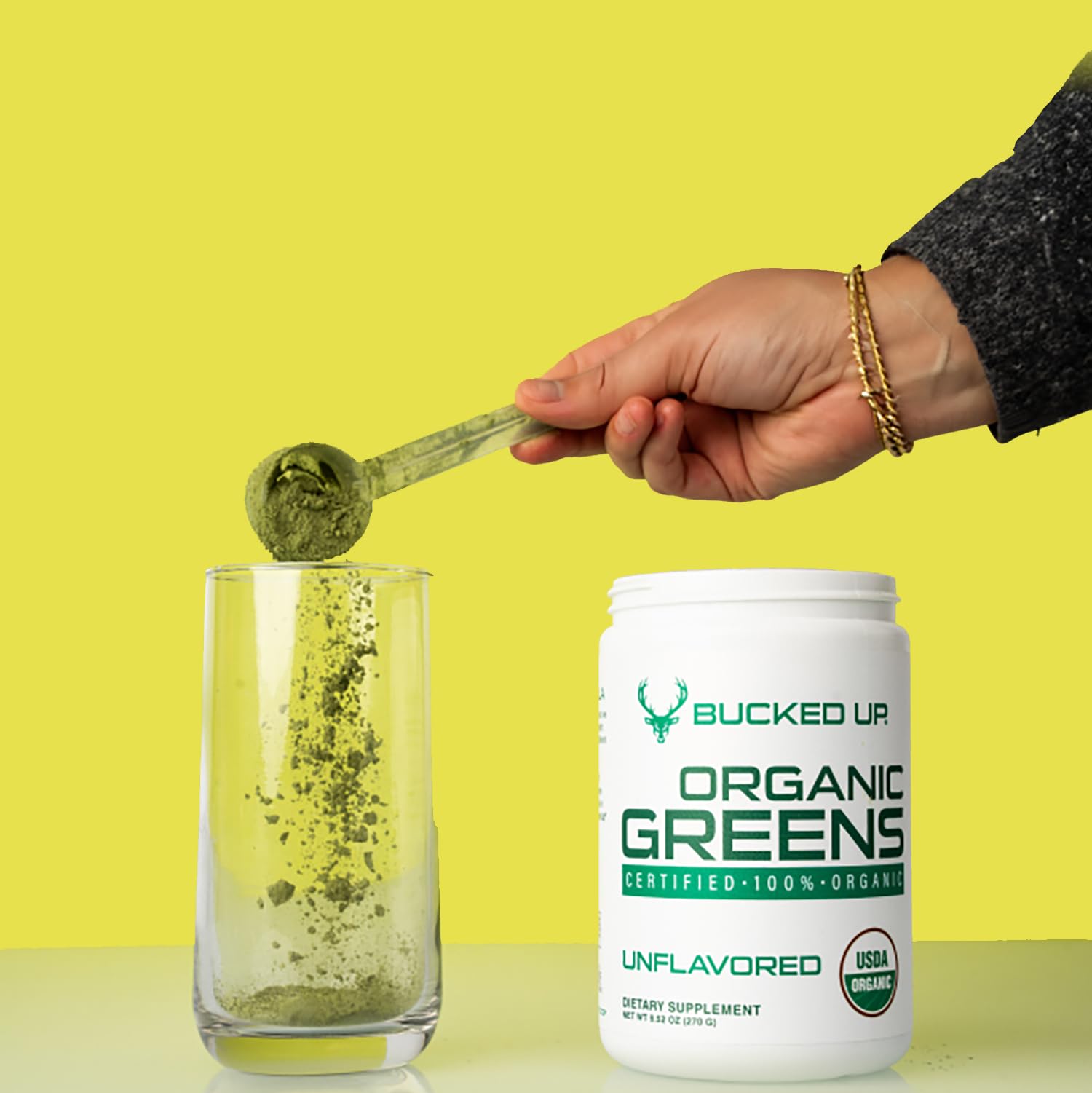 Bucked Up Organic Greens powder texture close up