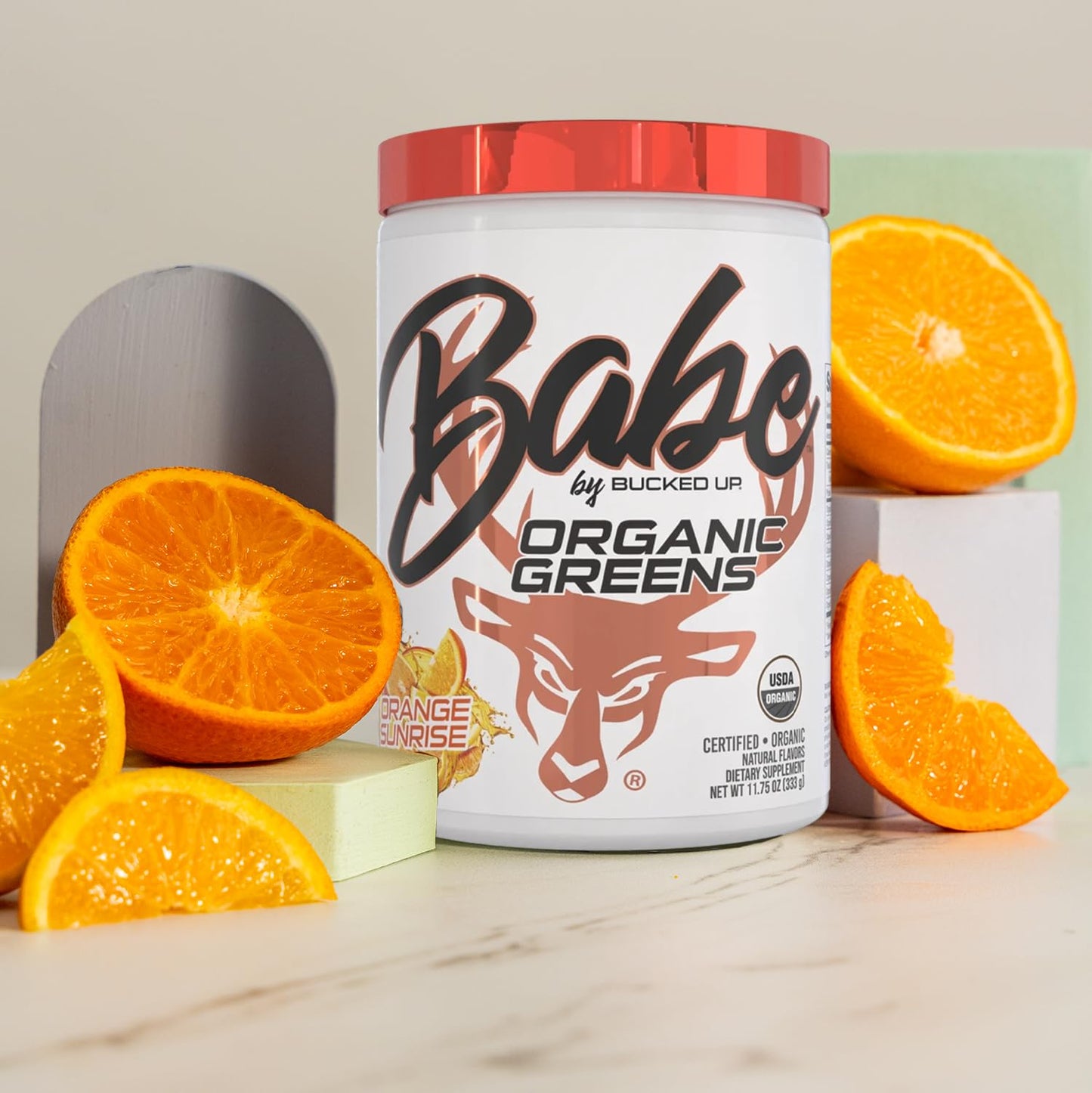 Bucked Up Organic Greens scoop and powder supplement