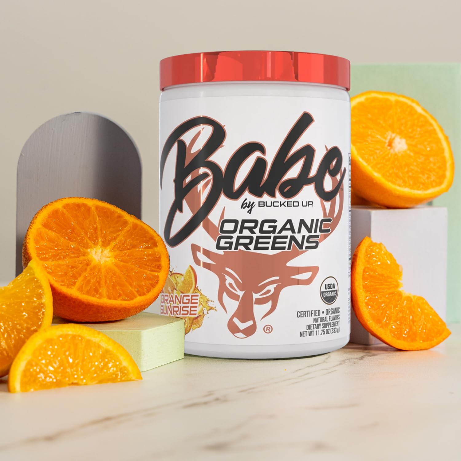 Bucked Up Organic Greens scoop and powder supplement