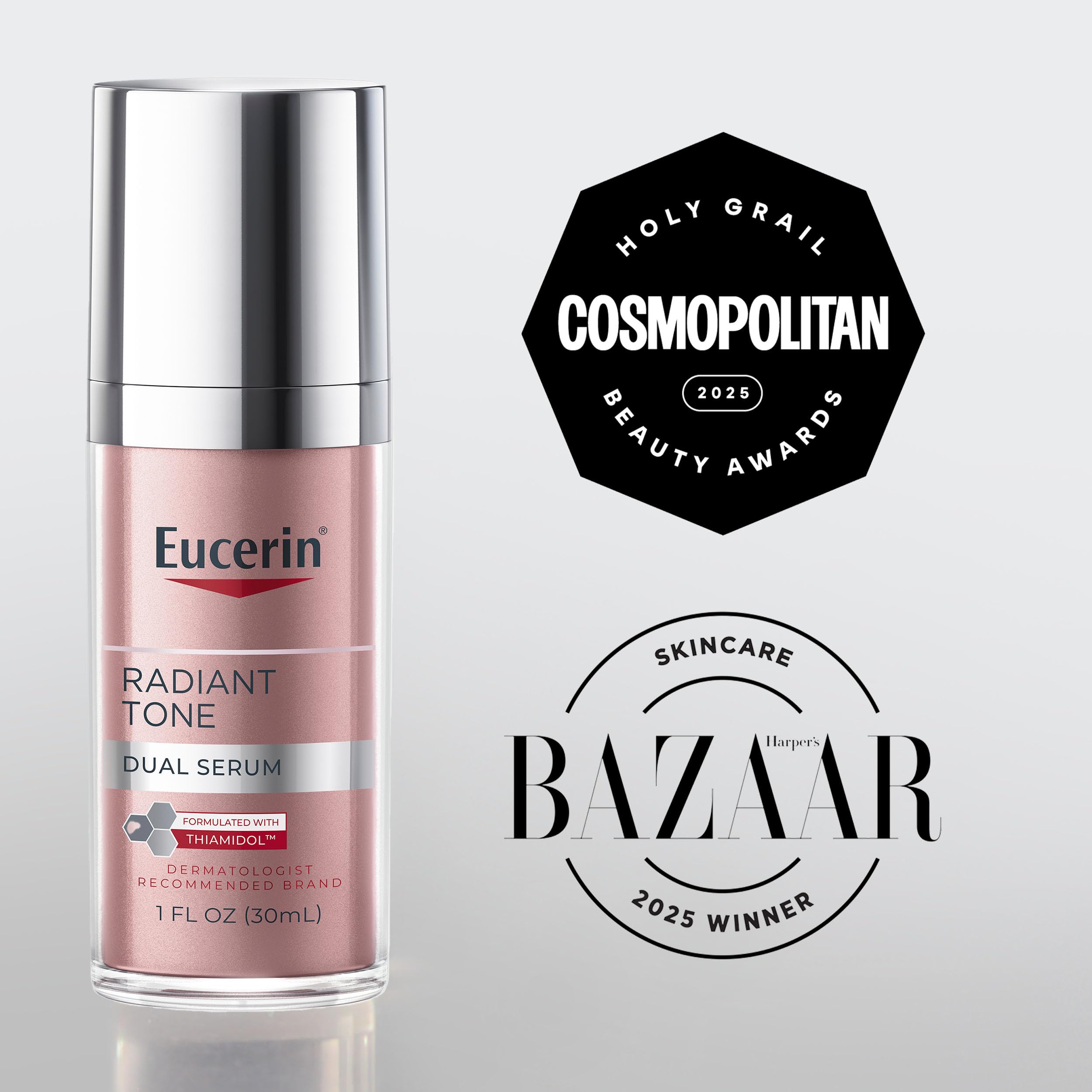 Eucerin Thiamidol and Hyaluronic Acid serum bottle display