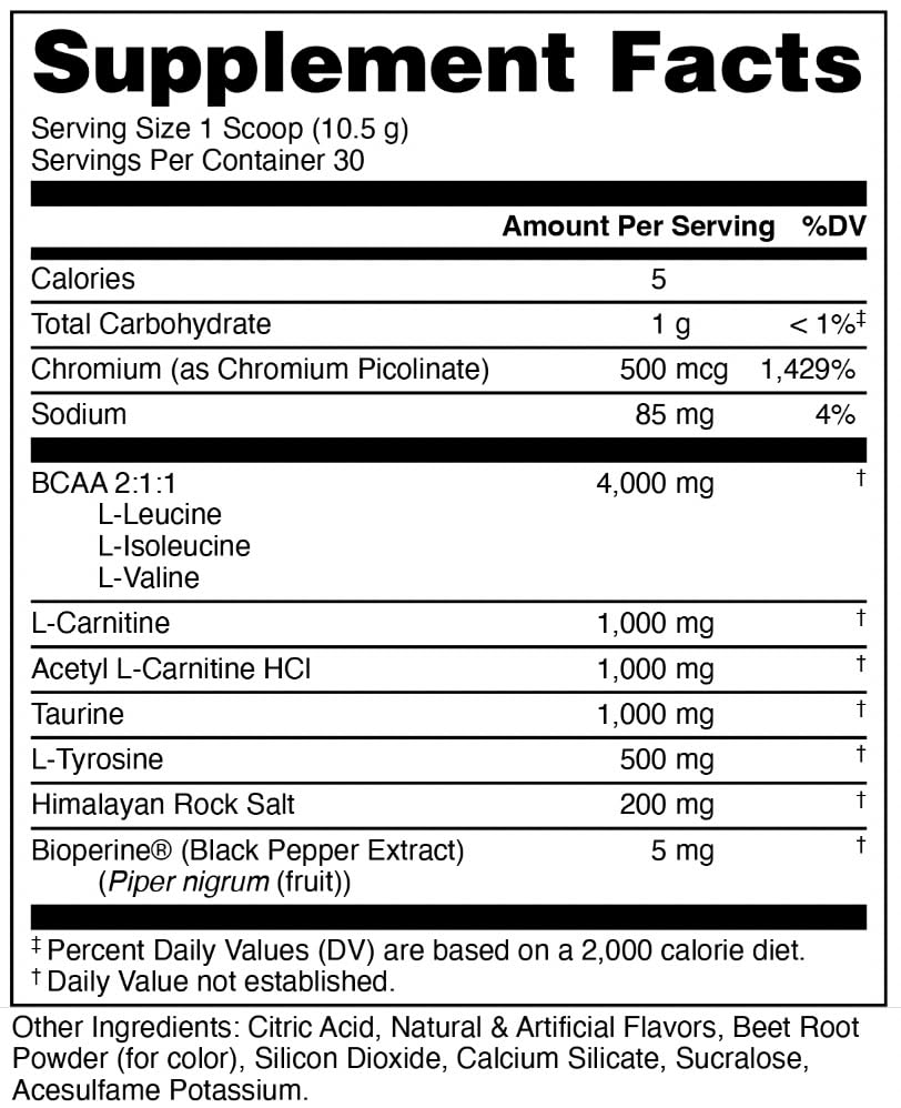 Bucked Up Racked supplement nutrition facts showing 2:1:1 BCAA ratio.