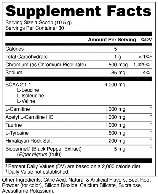 Bucked Up Racked supplement nutrition facts showing 2:1:1 BCAA ratio.