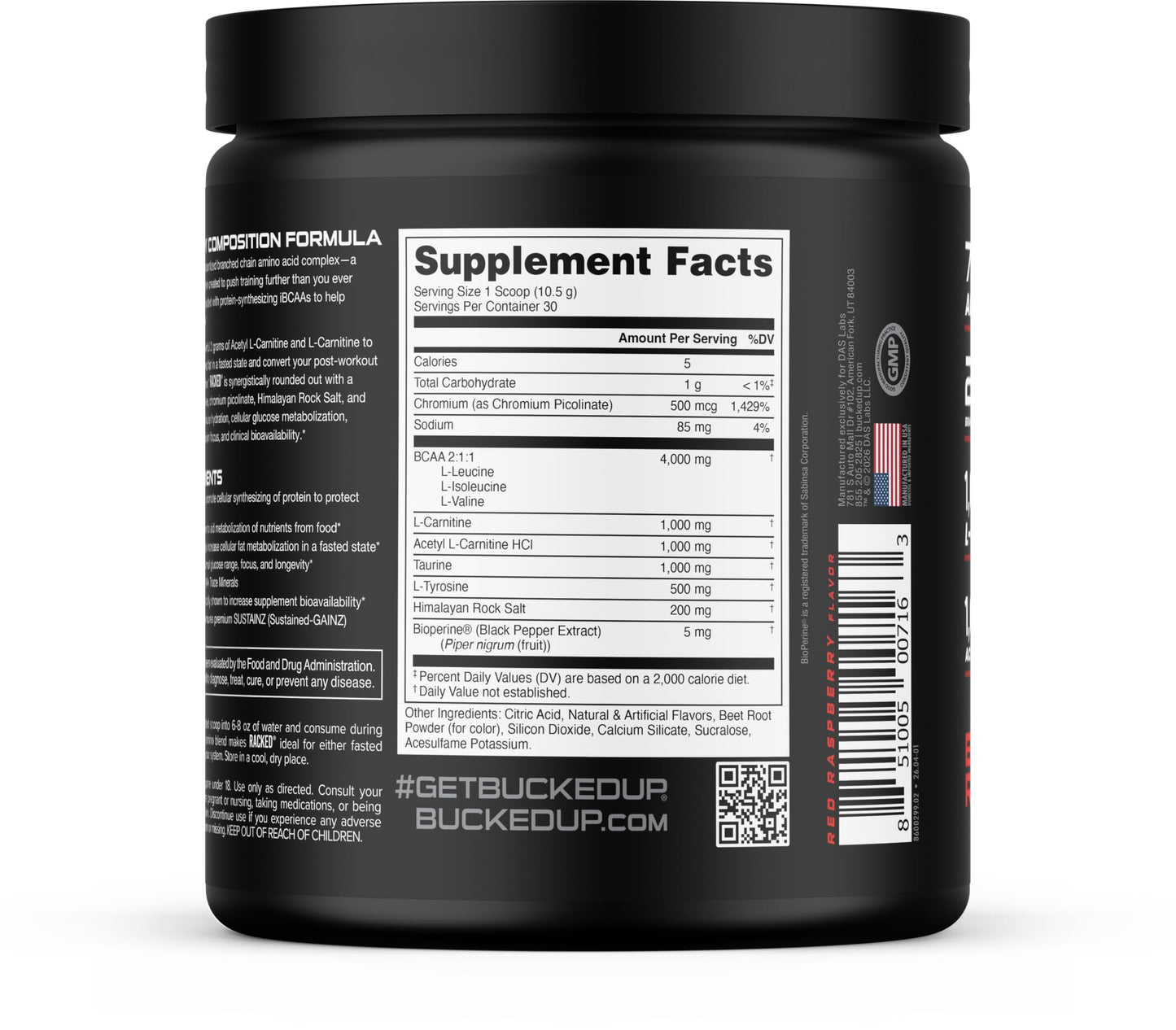 Bucked Up Racked BCAA with L-Carnitine for fat metabolism support.