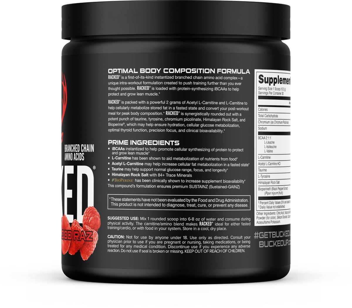 Bucked Up Racked BCAA container side angle view
