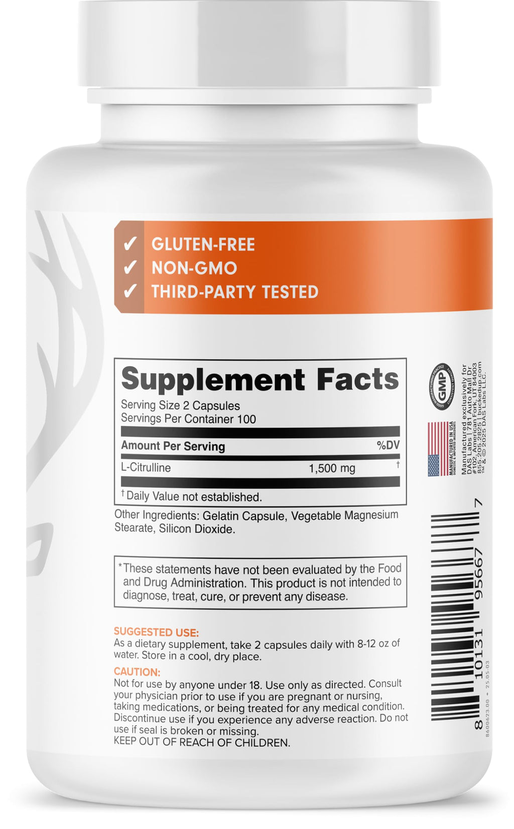 Bucked Up L-Citrulline dietary supplement bottle side angle view