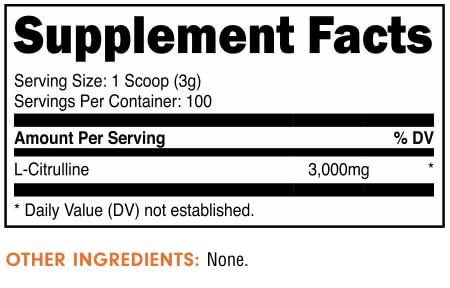 Back label of Bucked Up L-Citrulline powder displaying supplement facts and ingredients