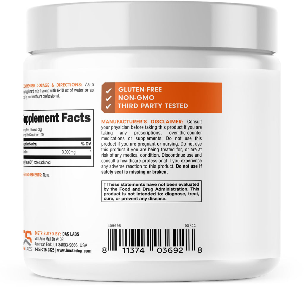 Scoop measurement showing 3000mg serving size of unflavored amino acid powder