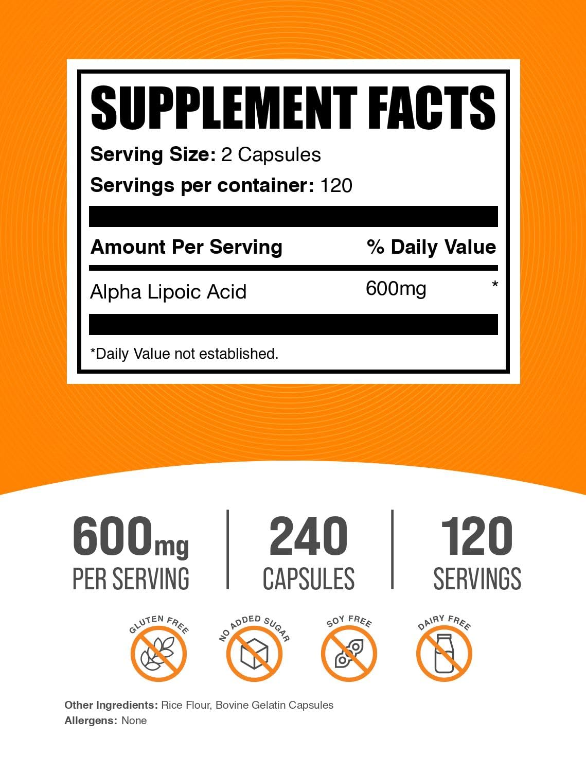 BulkSupplements Alpha Lipoic Acid 600mg supplement facts label showing ingredients and serving size