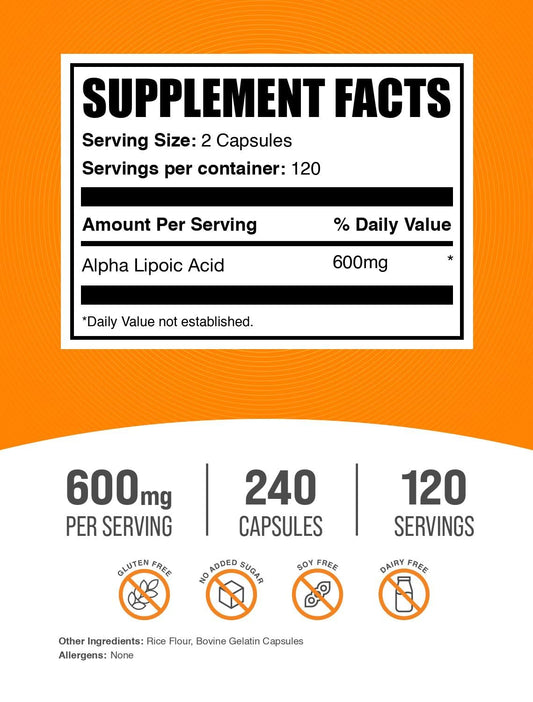 BulkSupplements Alpha Lipoic Acid 600mg supplement facts label showing ingredients and serving size