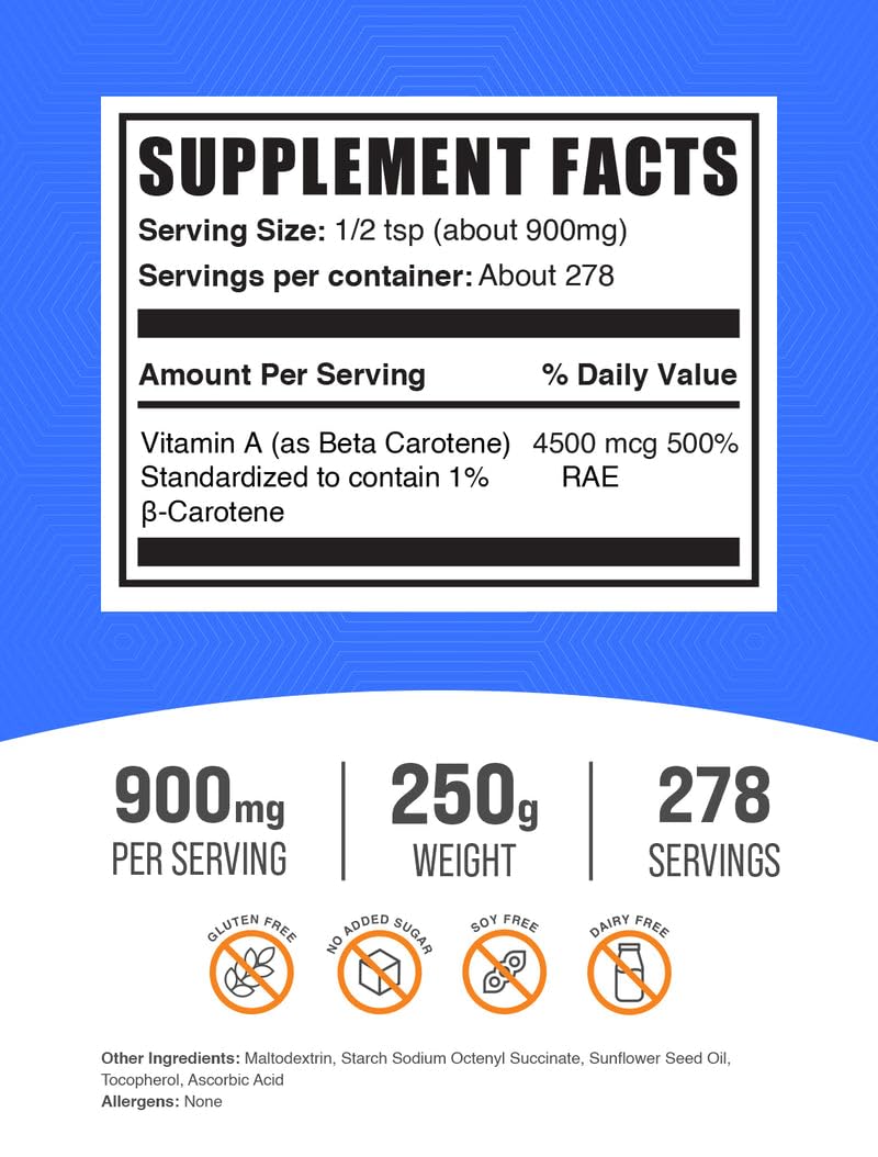 Close up of BulkSupplements Beta Carotene powder packaging and label