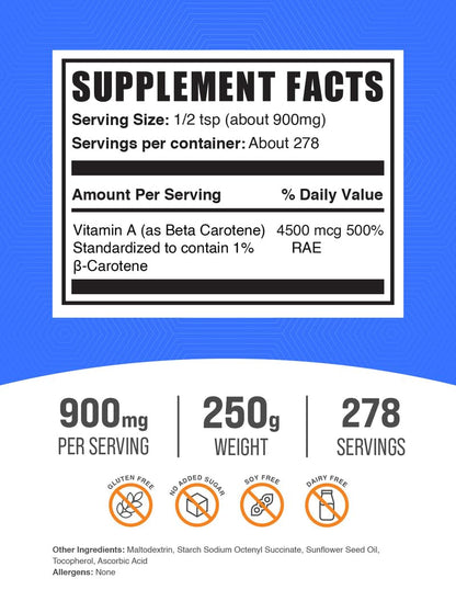 Close up of BulkSupplements Beta Carotene powder packaging and label