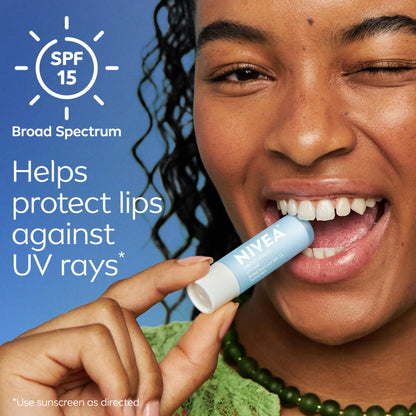Brand logo and product name on Nivea lip balm