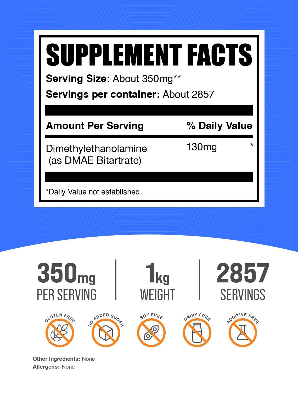 BulkSupplements dimethylaminoethanol pure powder supplement nutritional facts label.