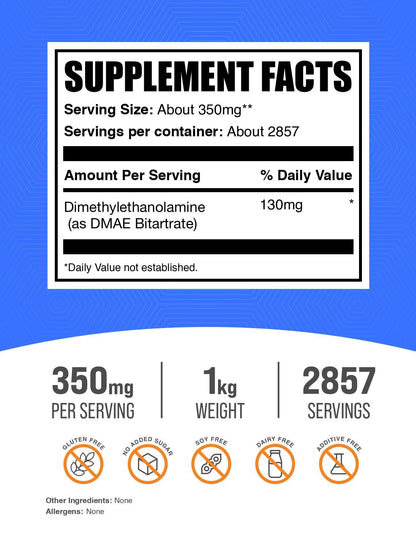 BulkSupplements dimethylaminoethanol pure powder supplement nutritional facts label.