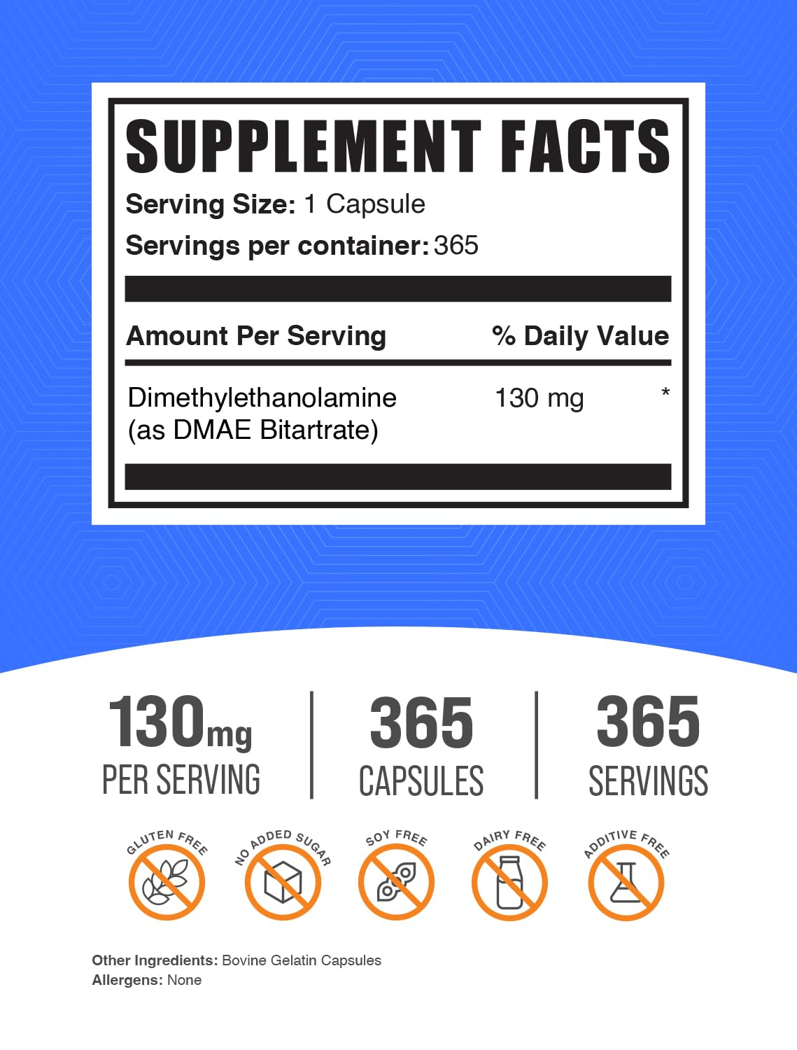 BulkSupplements dimethylaminoethanol capsules nutritional supplement label facts and serving size information.