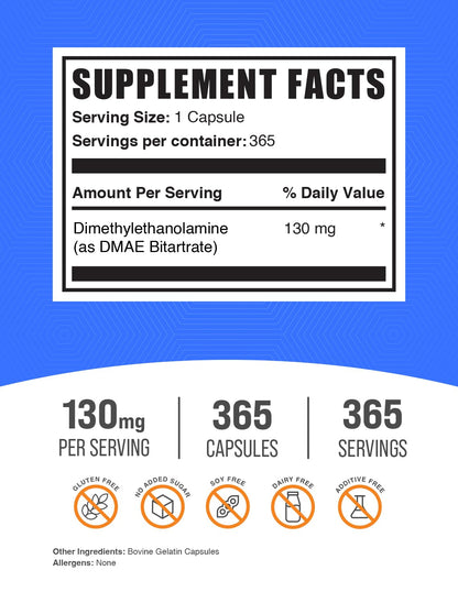 BulkSupplements dimethylaminoethanol capsules nutritional supplement label facts and serving size information.