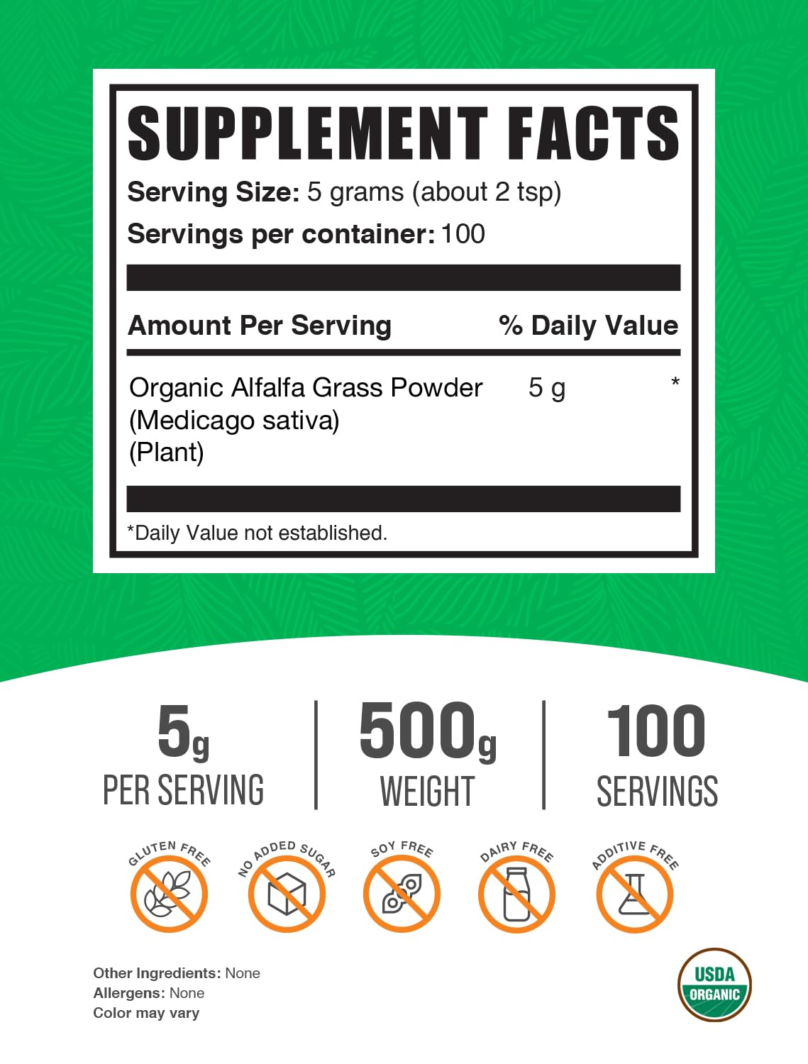 BulkSupplements Alfalfa Powder label and supplement facts