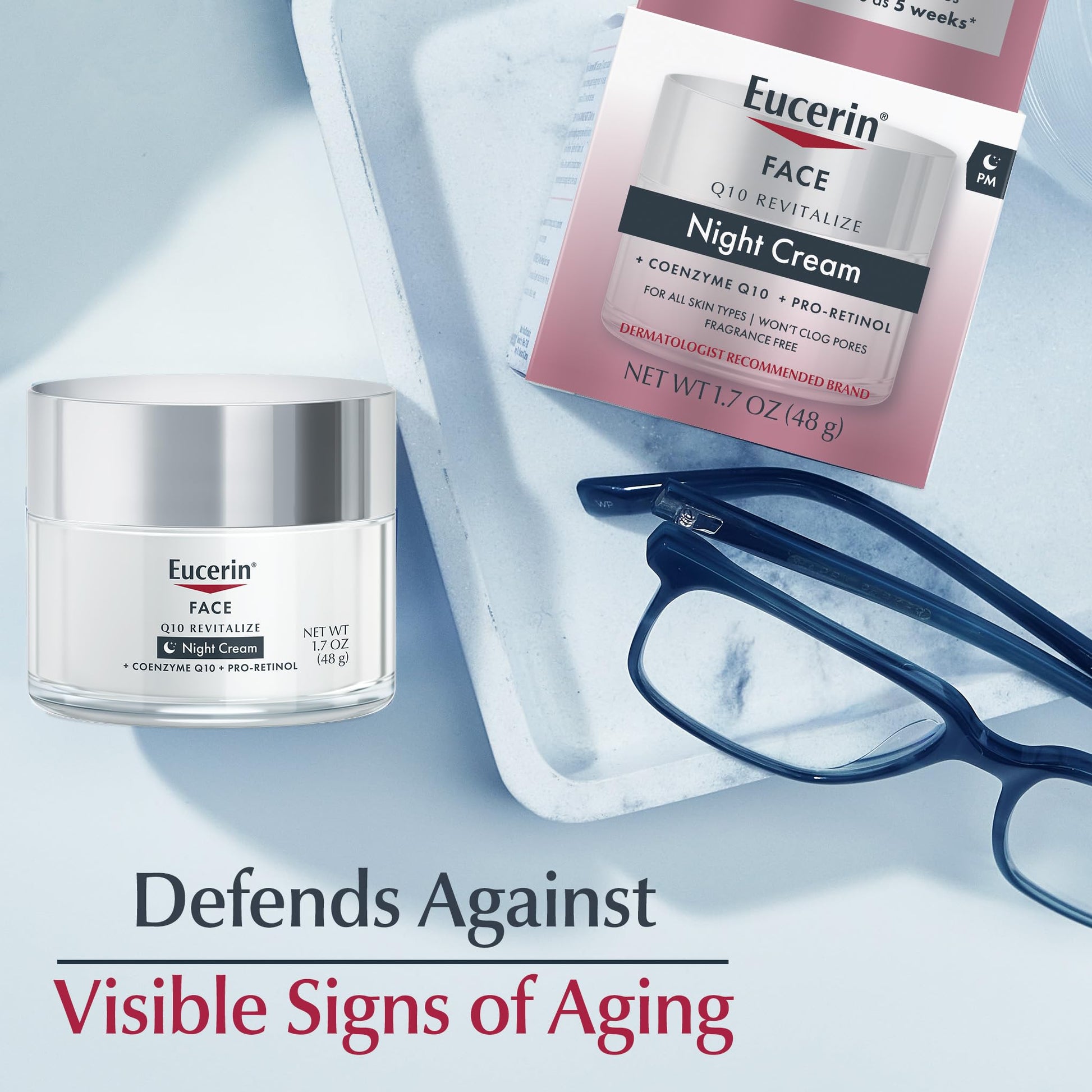 Eucerin Q10 Revitalize night cream jar placed next to its original protective outer carton