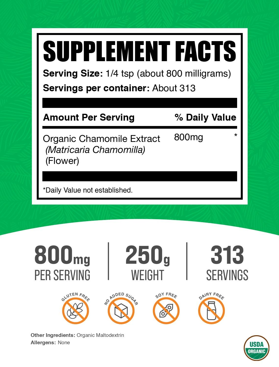 BulkSupplements Organic Chamomile Extract Powder nutritional supplement facts and serving size information
