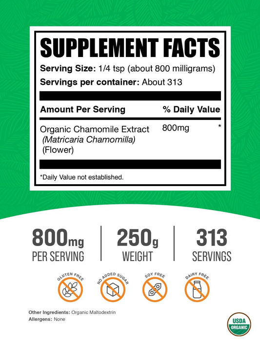 BulkSupplements Organic Chamomile Extract Powder nutritional supplement facts and serving size information