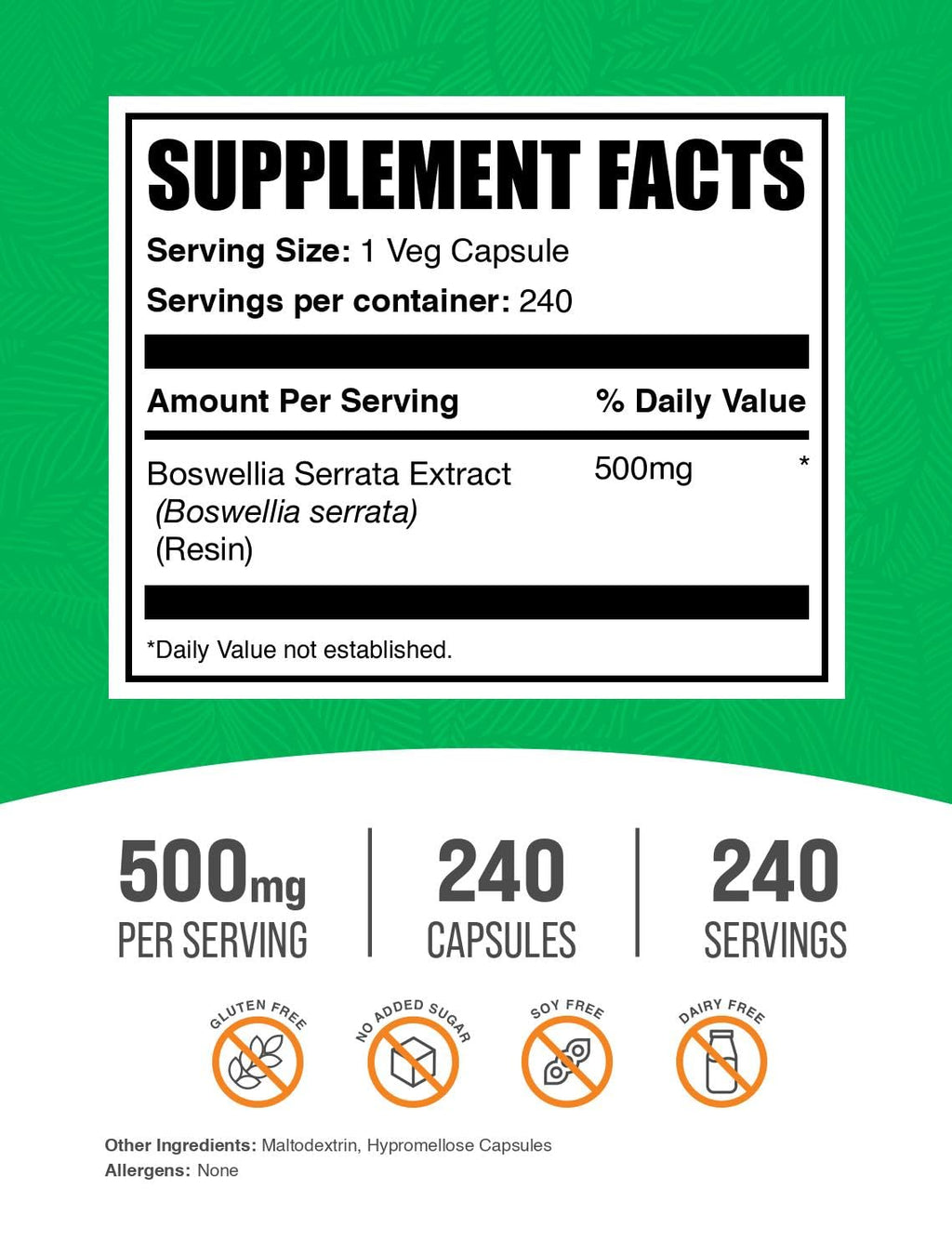 BulkSupplements Boswellia Serrata supplement facts label