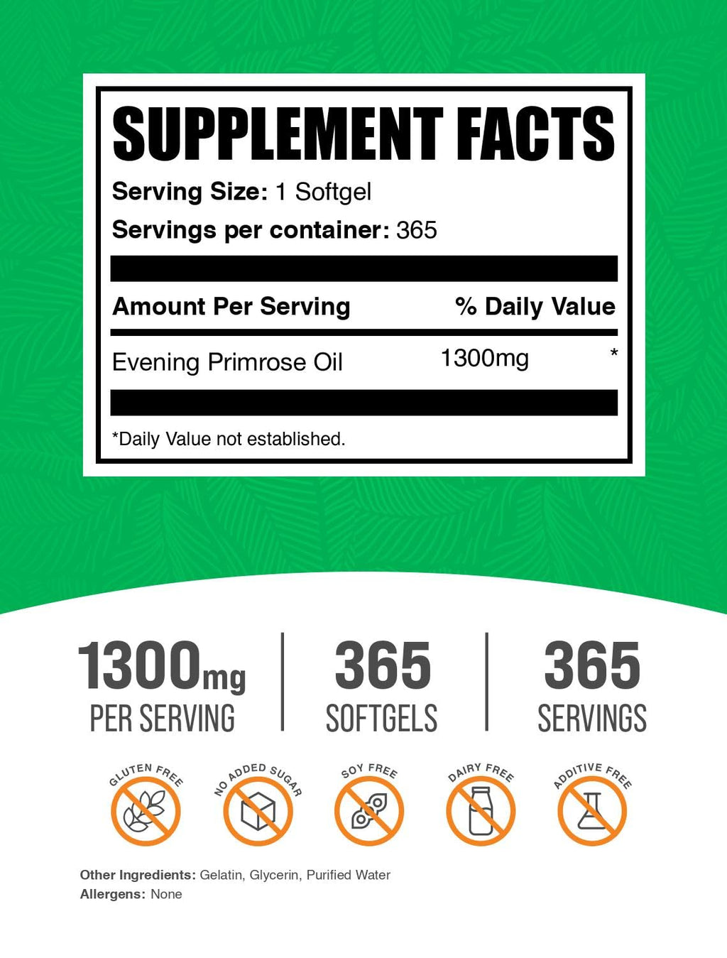 BulkSupplements Evening Primrose Oil 1300mg dietary supplement facts label showing ingredient details